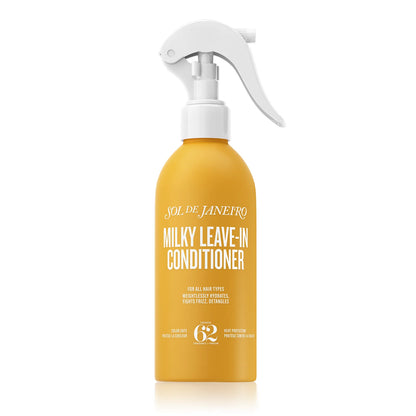 Yellow bottle of Sol de Janeiro Milky Leave-In Conditioner on a white background