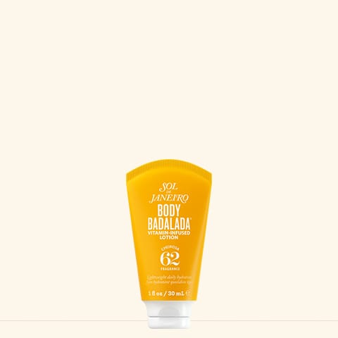 Yellow tube of Sol Janeiro Body Badalada sunscreen on a white background