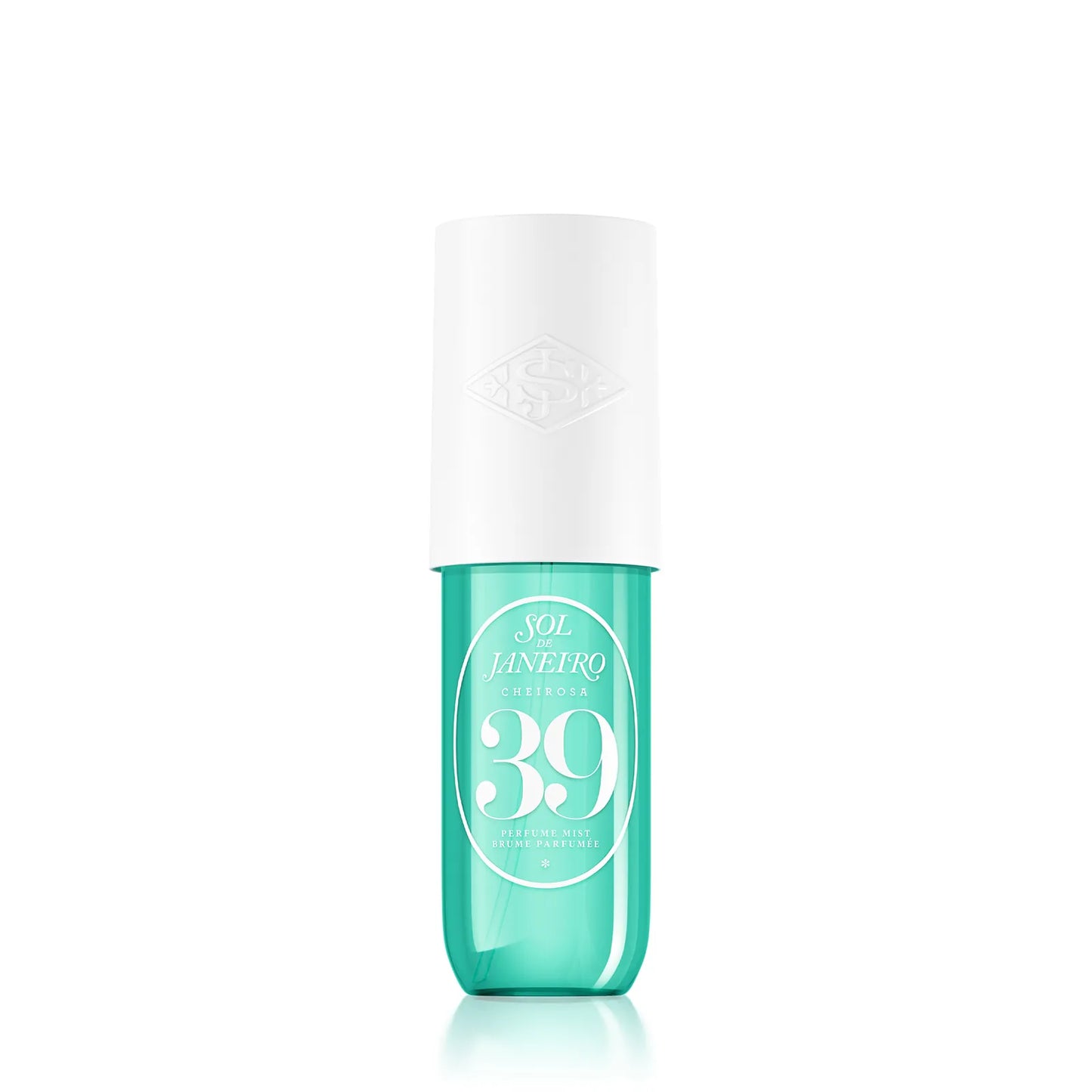 Cosmetic bottle with a white cap and teal body on a white background