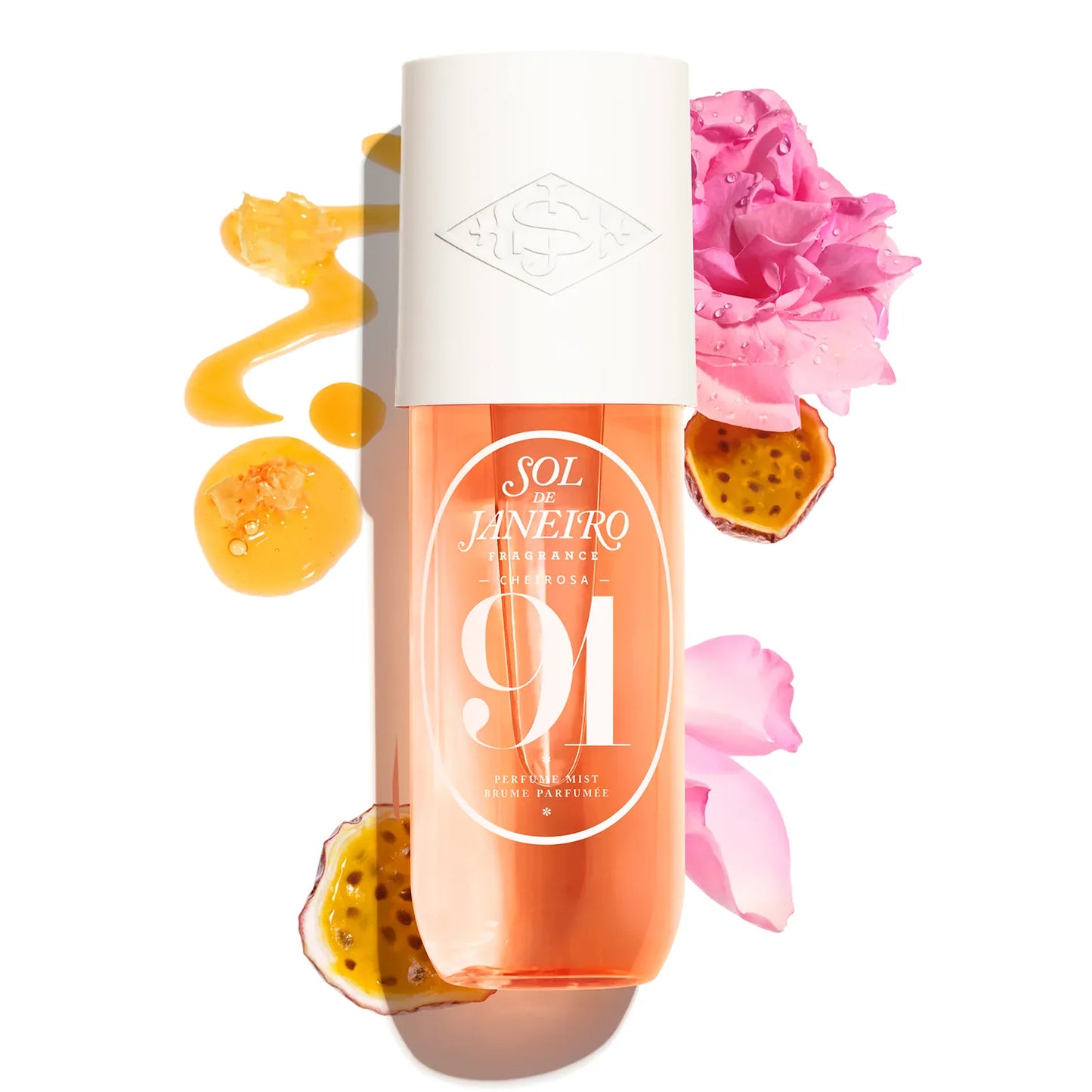 Perfume bottle with floral elements and 'Sol de Janeiro' branding on a white background