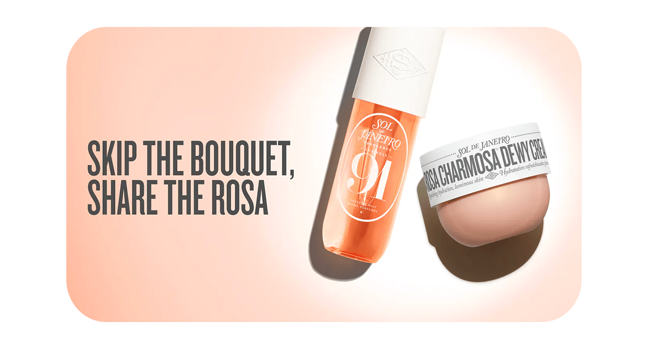 Bottle of Rosa Charmosa Devi Cream with text 'Skip the Bouquet, Share the Rosa' on a pink background