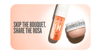 Bottle of Rosa Charmosa Devi Cream with text 'Skip the Bouquet, Share the Rosa' on a pink background