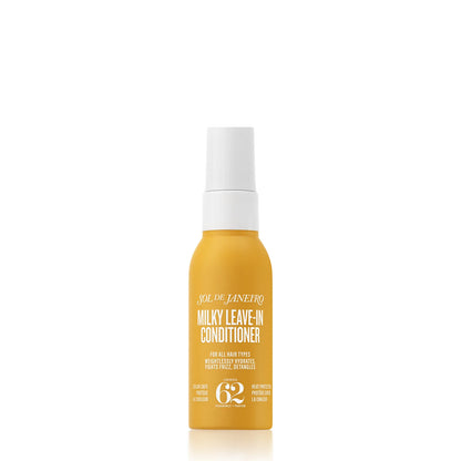 Yellow bottle of Milky Leave-In Conditioner with white cap on a white background