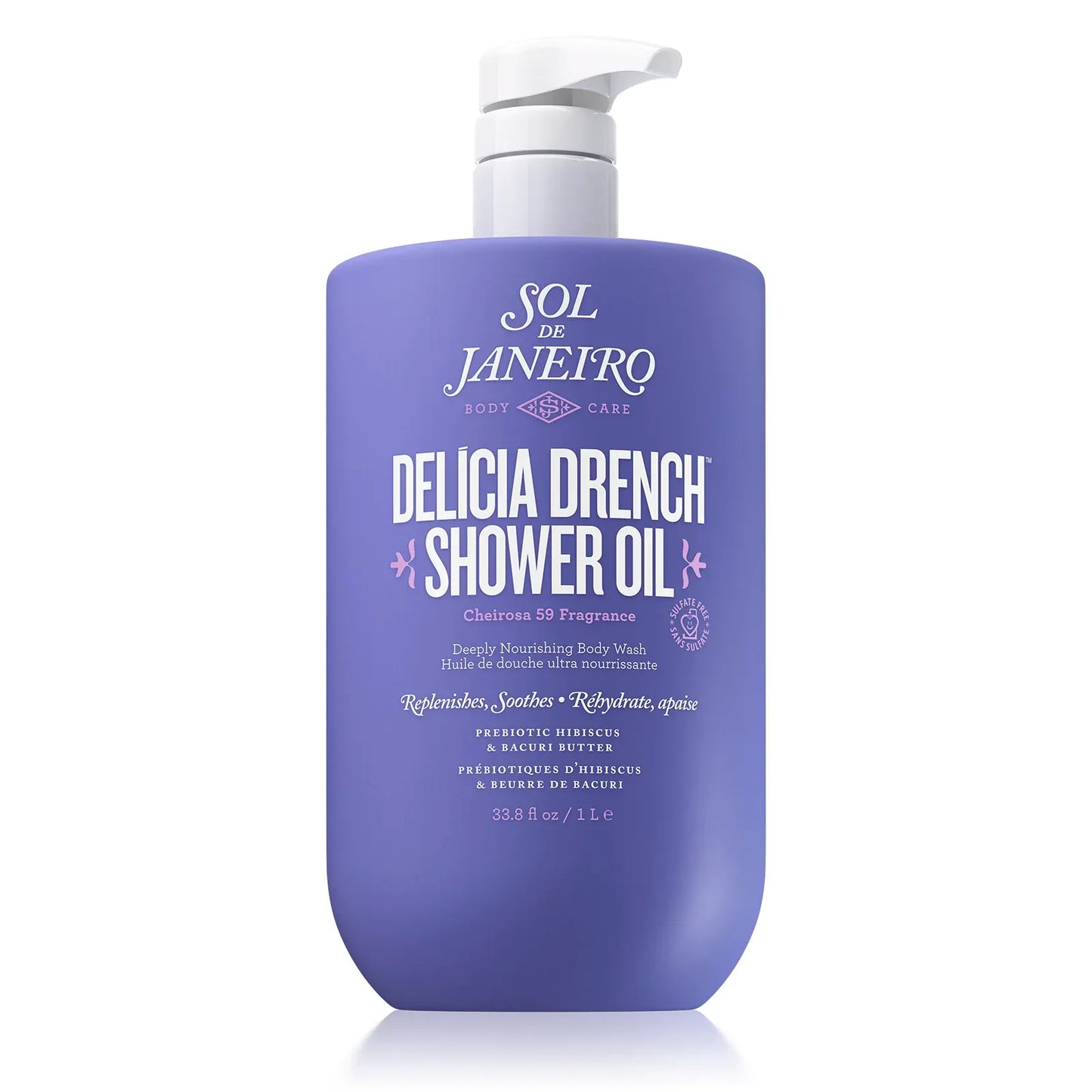 Purple bottle of Sol de Janeiro Delicia Drench Shower Oil on a white background 1 liter size